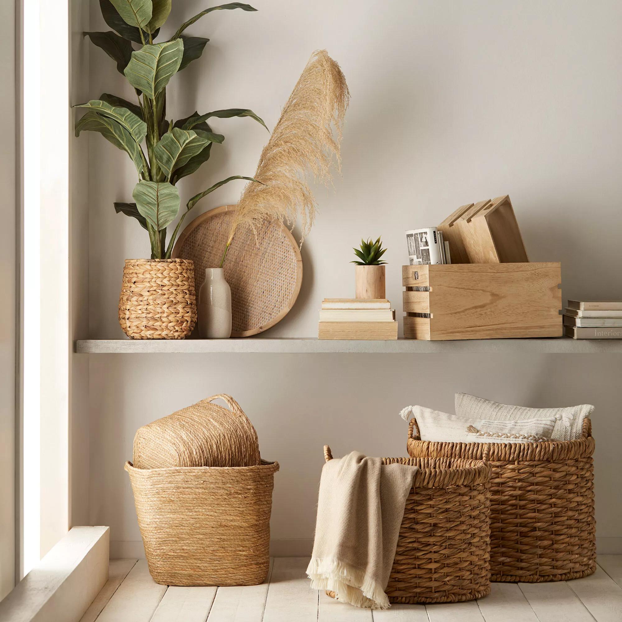 Panier rangement imprimé noir et jaune, base en bois rond