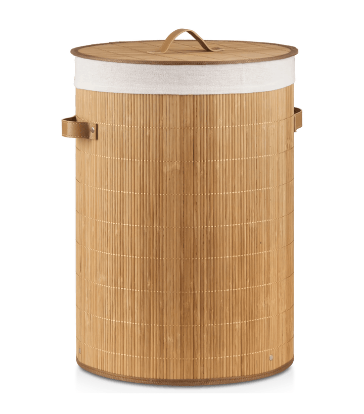 Panier à linge rond en bambou avec doublure et poignées en imitation cuir