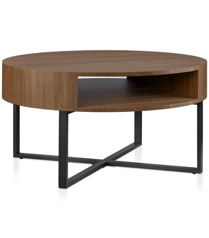 Table basse ronde en métal et placage de noyer