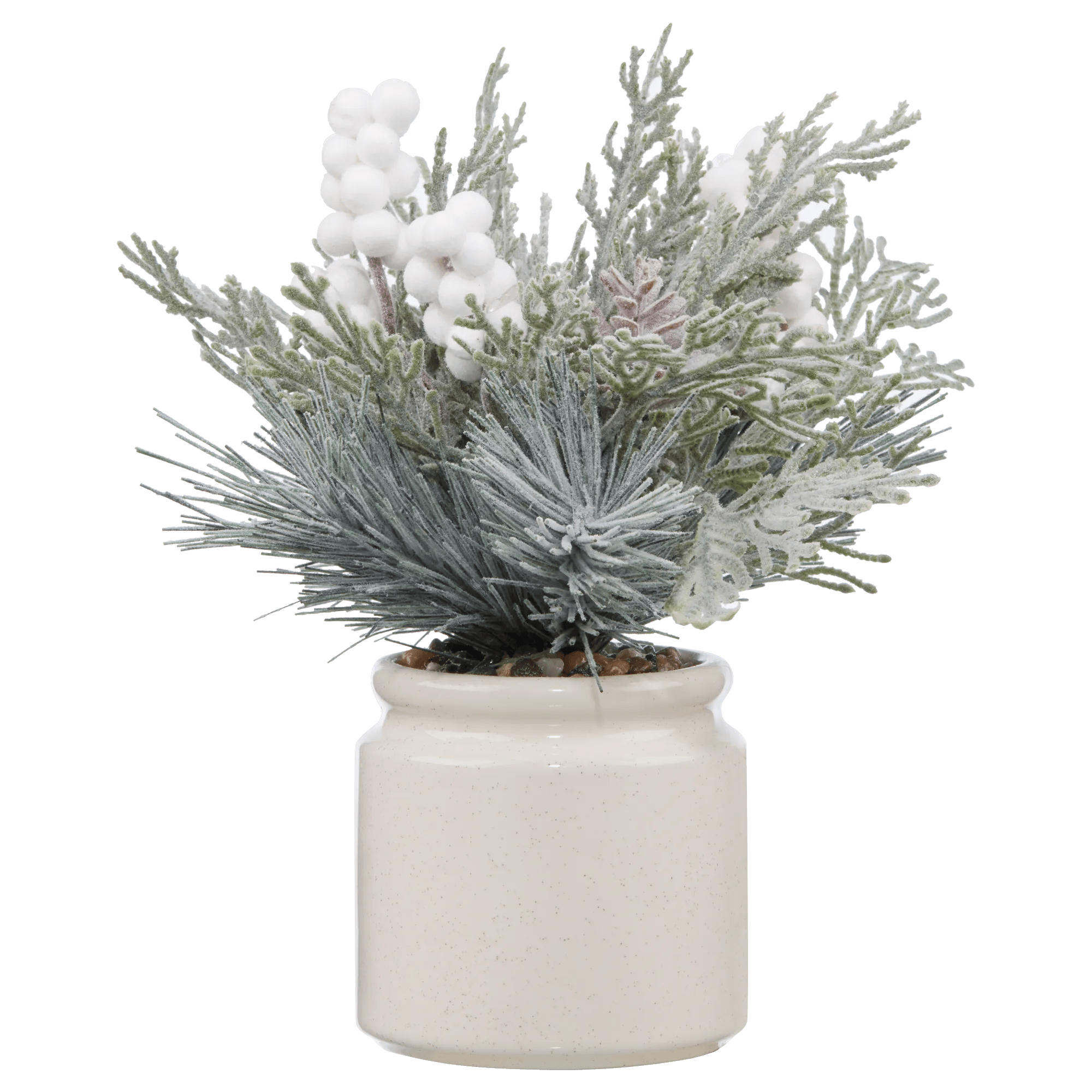 Faux genévrier à baies blanches dans un pot en céramique