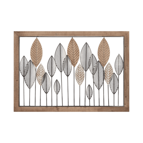 Art mural encadré de feuilles en métal et bois