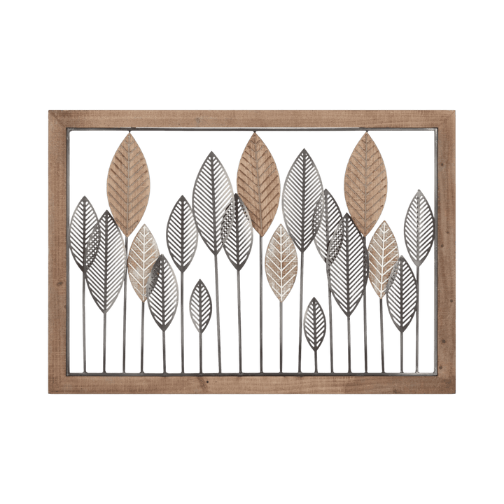 Framed Metal and Wood Leaves Wall Art
