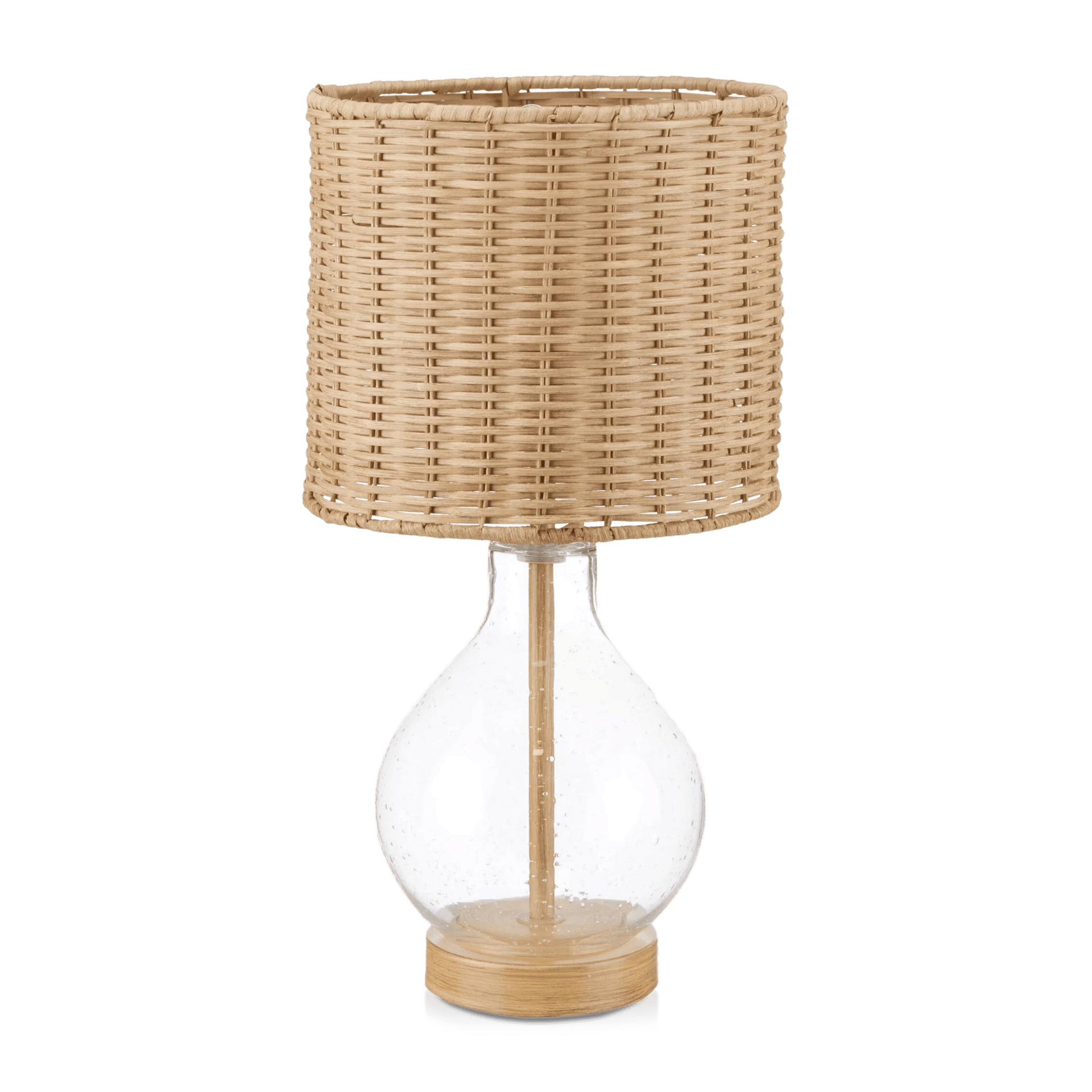 Lampe de table en verre bullé et abat-jour en rotin