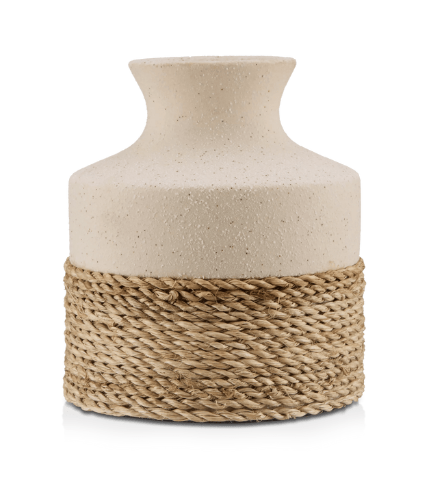 Speckled Ceramic and Rattan Vase