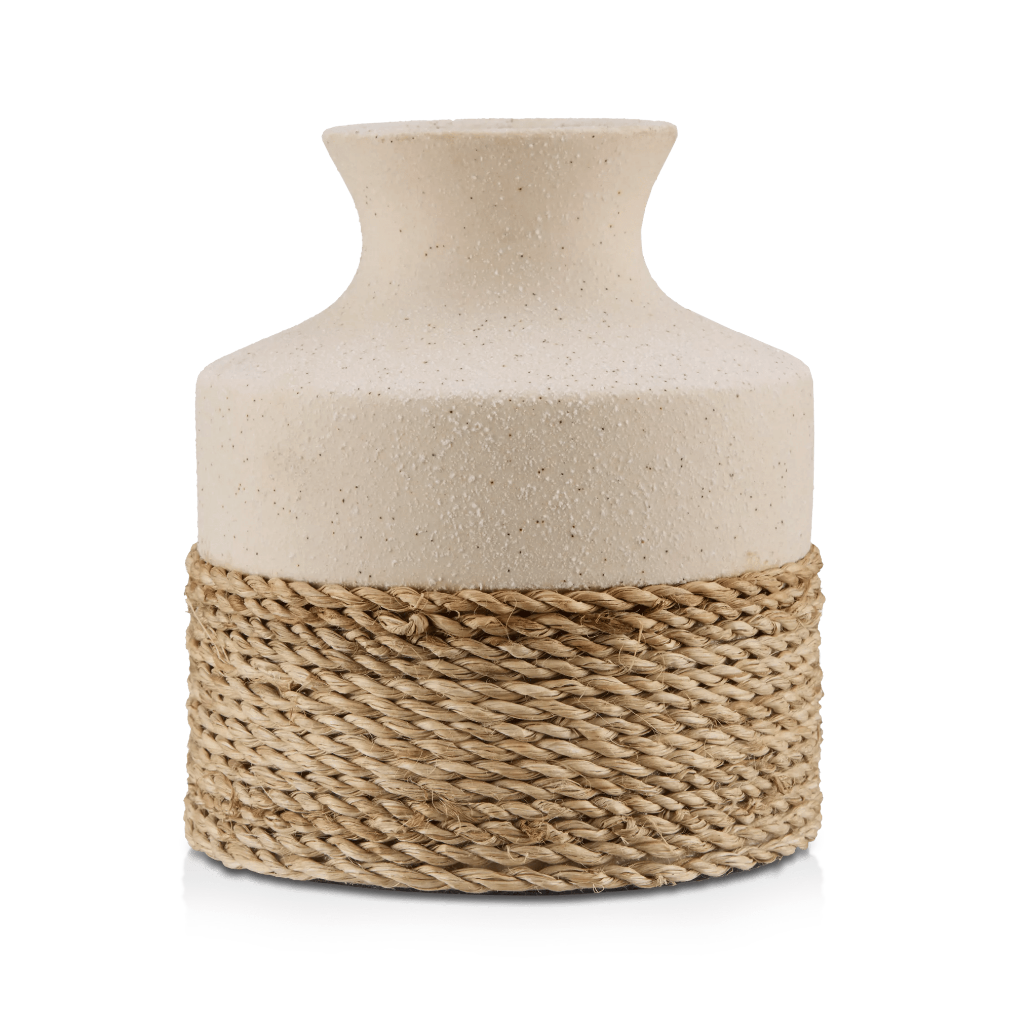 Speckled ceramic vase with a woven rattan collar photographed by Bouclair.