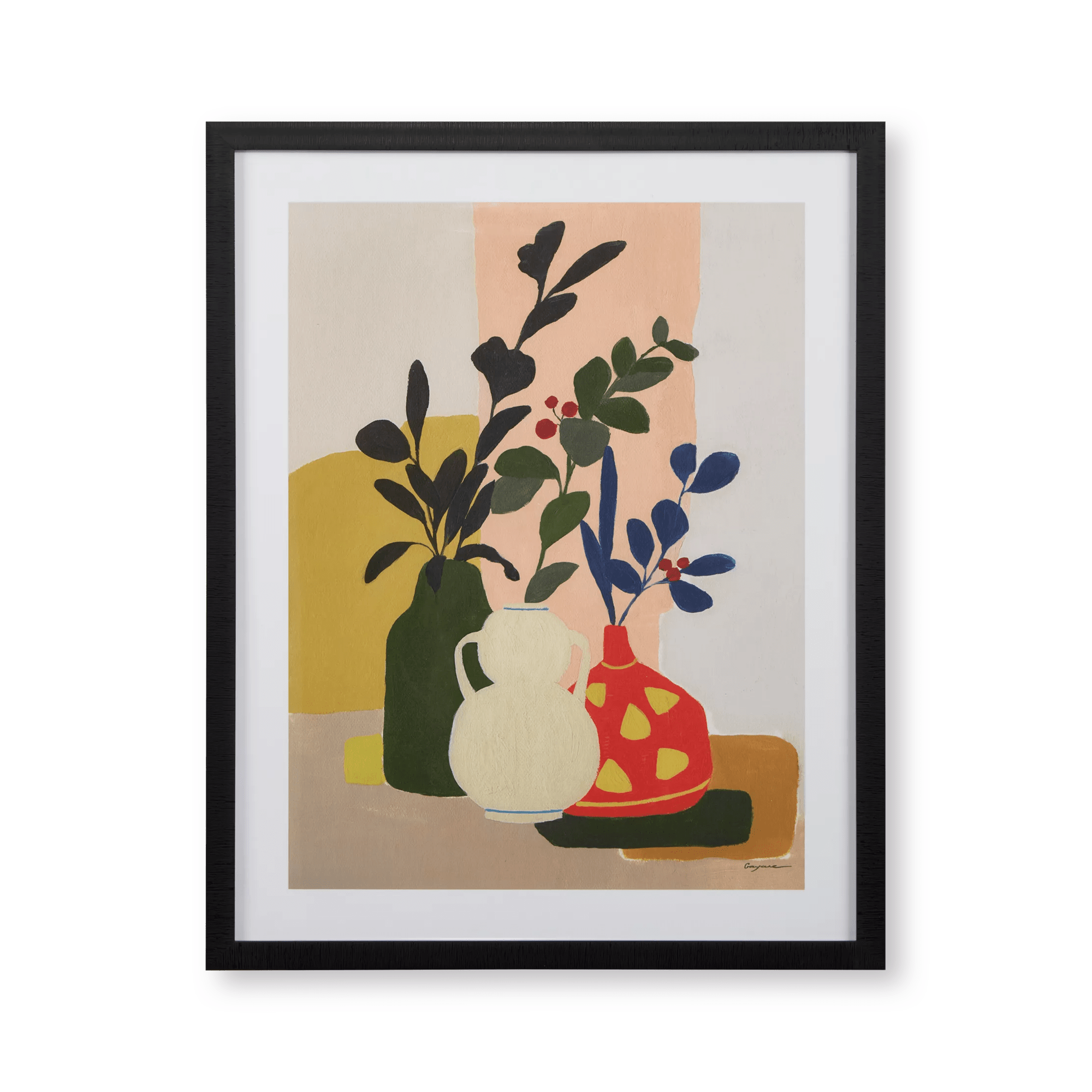 Cadre imprimé de branches dans des vases