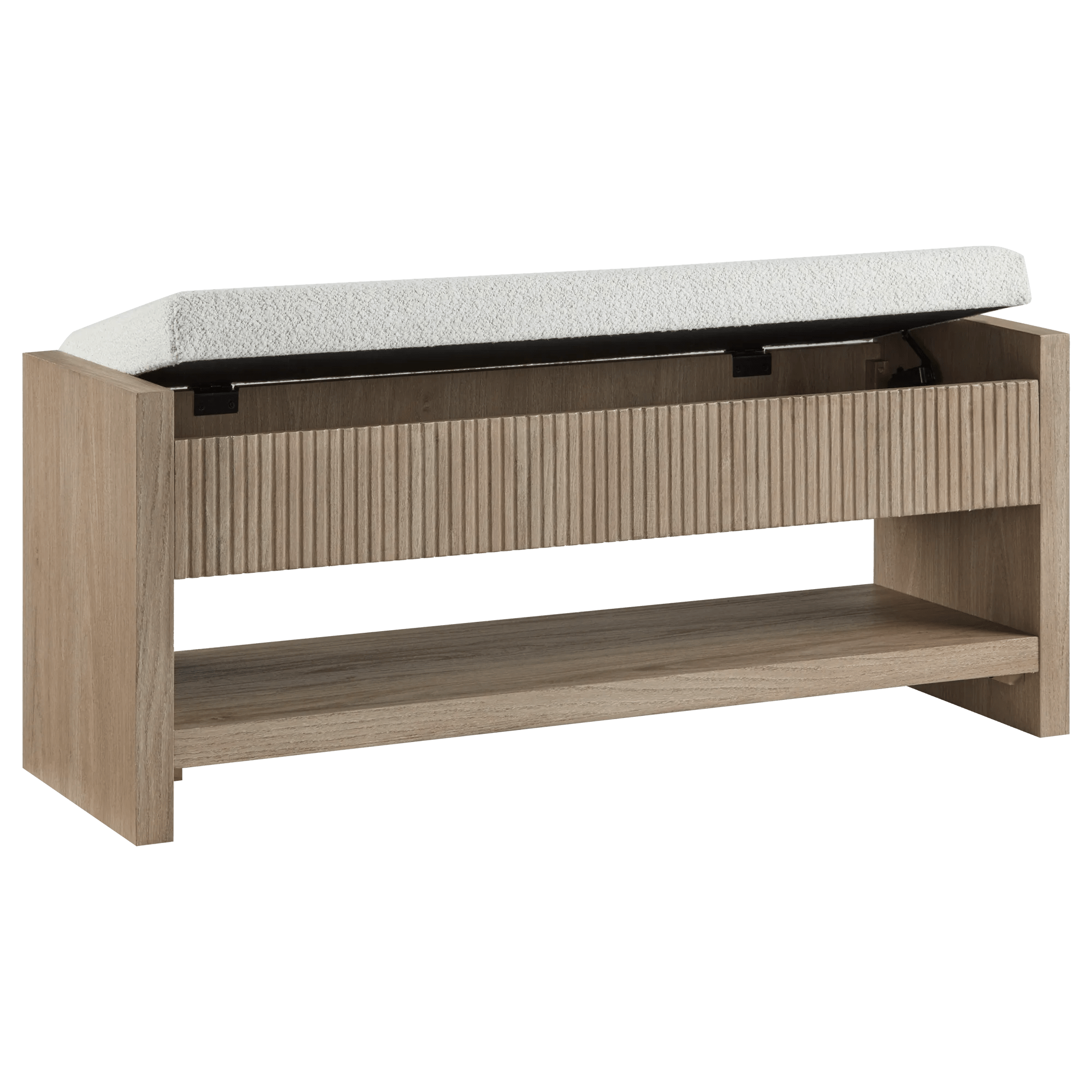 Banc de rangement en tissu et bois avec étagère