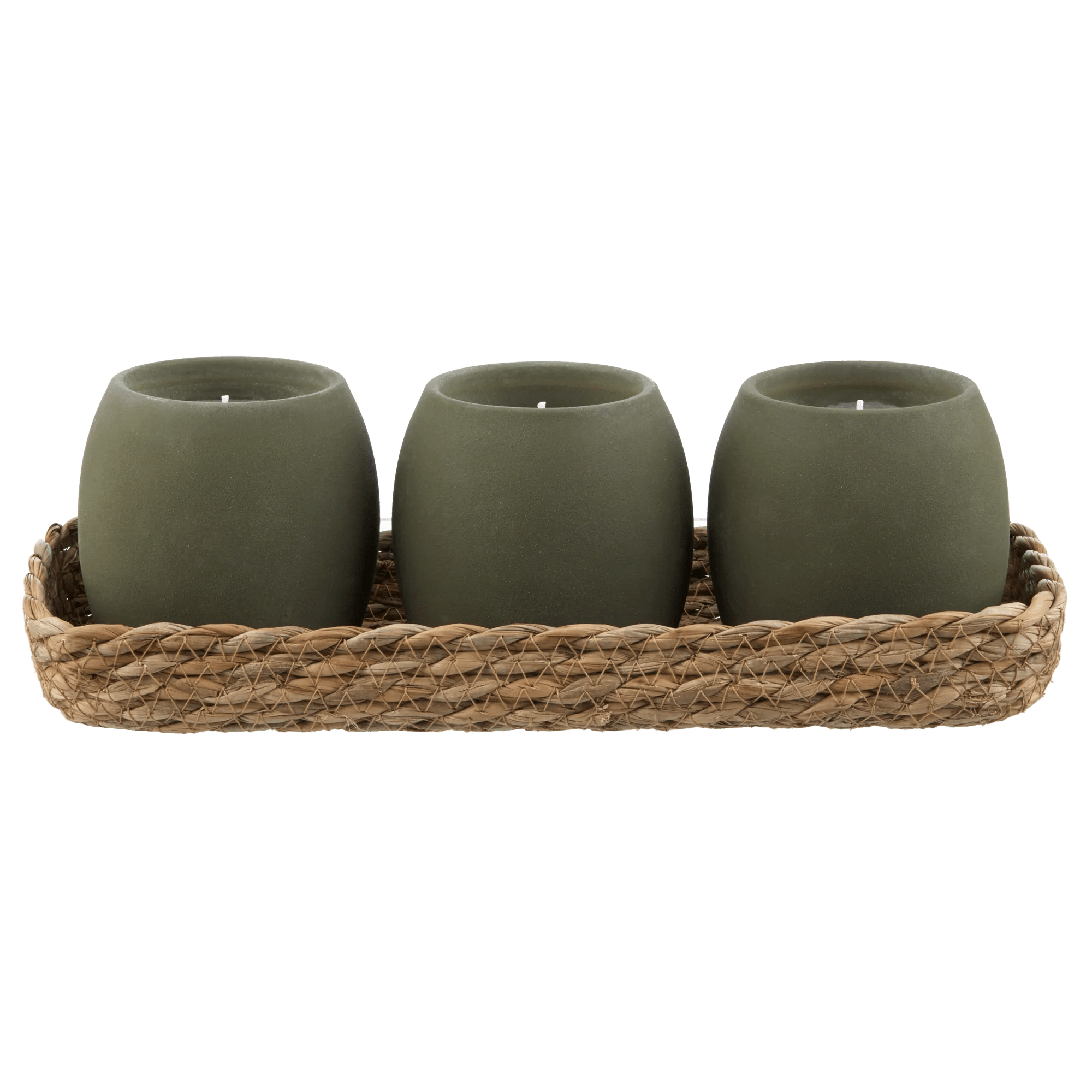Set de 3 bougies vertes avec plateau en corde