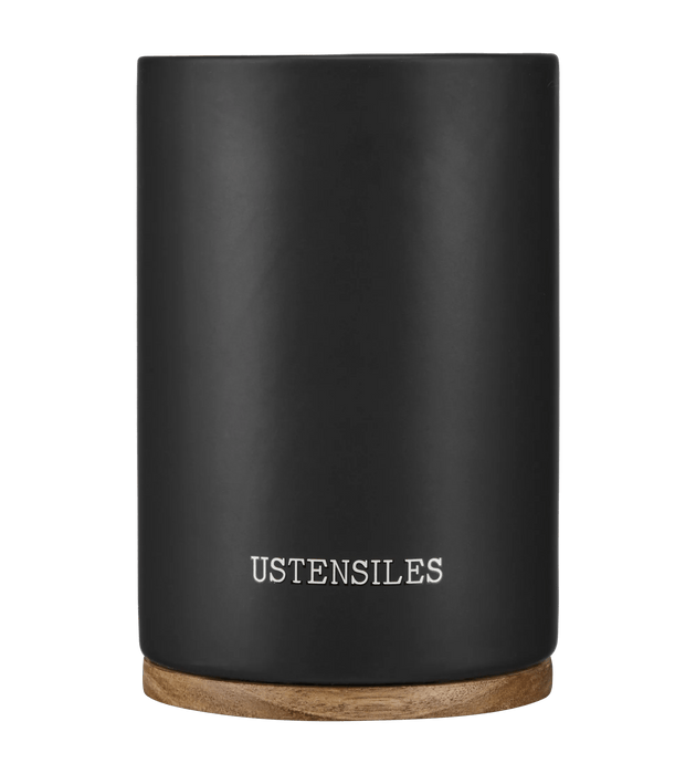 Black Ceramic Ustensil Holder with Wooden Base