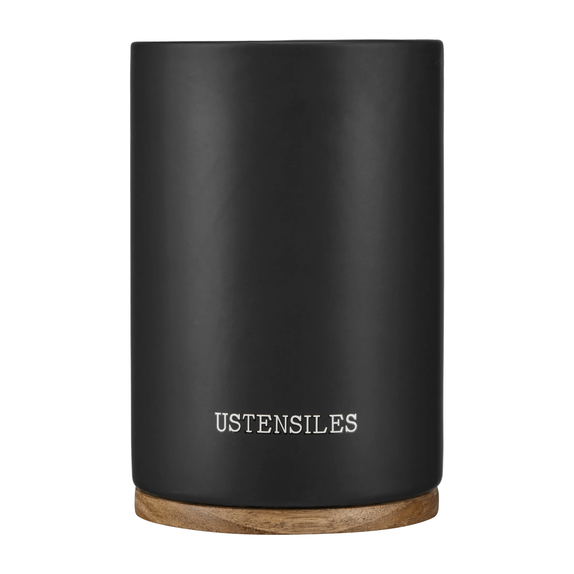 Black Ceramic Ustensil Holder with Wooden Base