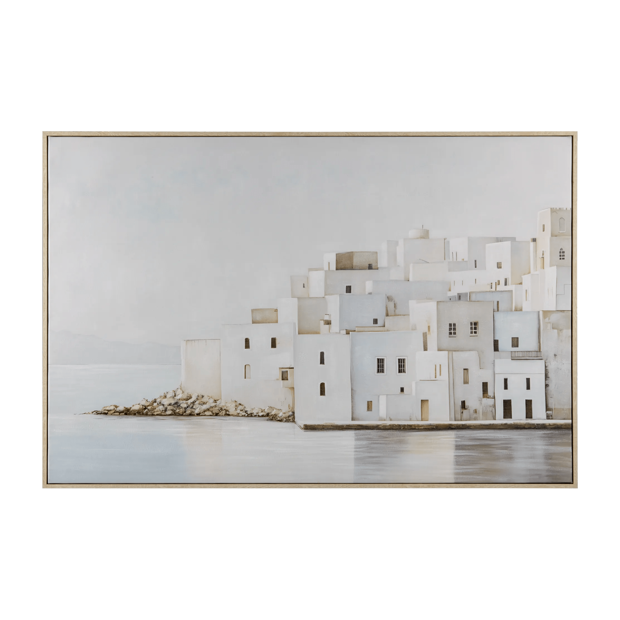 Gel-Embellished Buildings on Beach Framed Art