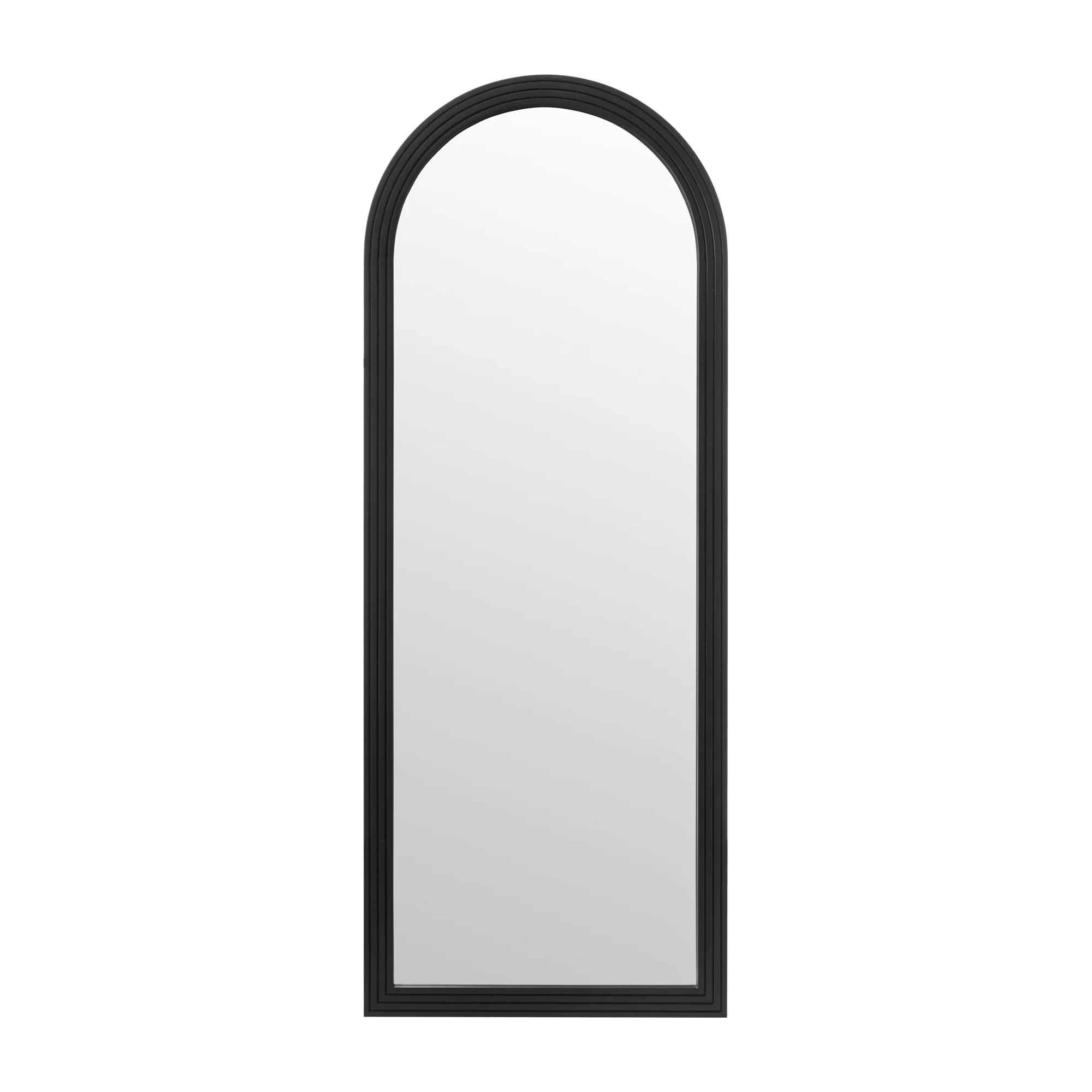 Full-length arched mirror with black scalloped frame